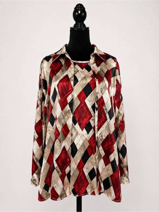 Willow Ridge Tops - Willow Ridge 2 piece Red, Black & Cream Geometric Button-Front Long Sleeve Top